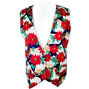 Vtg Womens 90s Holiday Vest Christmas Angel Trumpets Music Pointsettias Tie Back